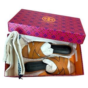 Tory Burch City Slide Sandals Womens 6.5 Tan Vachetta Leather Woven Strap